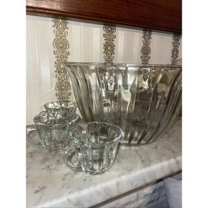 Large Fluted Clear Glass Punch Bowl‎ - Toscany Celebration 1980s Art Deco w Cups